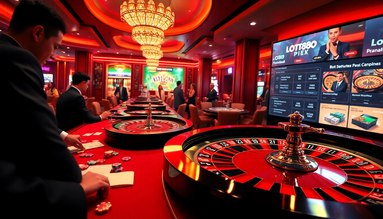 Loto188 offers an exciting roulette experience amid a lavish casino setting, showcasing vibrant chips and a dealer spinning the wheel.